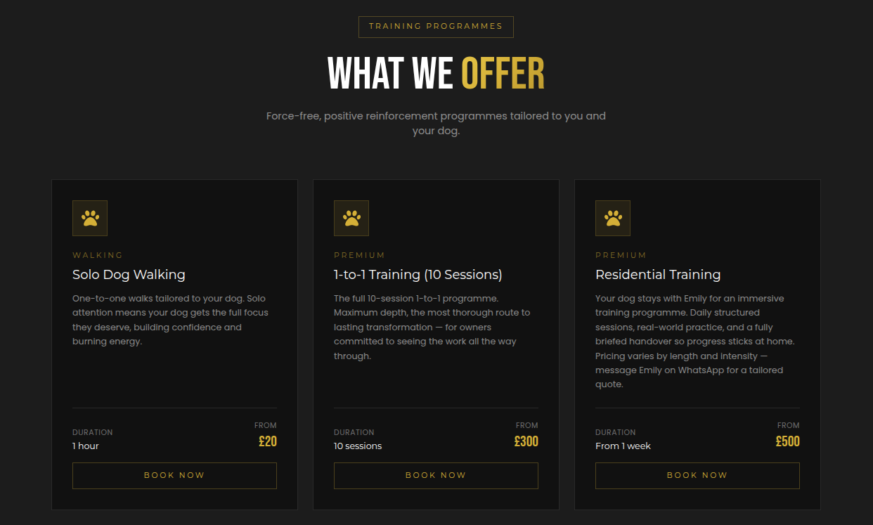 The 'What We Offer' section of emilys-pets.co.uk showing the three core training programmes: Solo Dog Walking, 1-to-1 Training (10 Sessions), and Residential Training, each with duration and starting price.