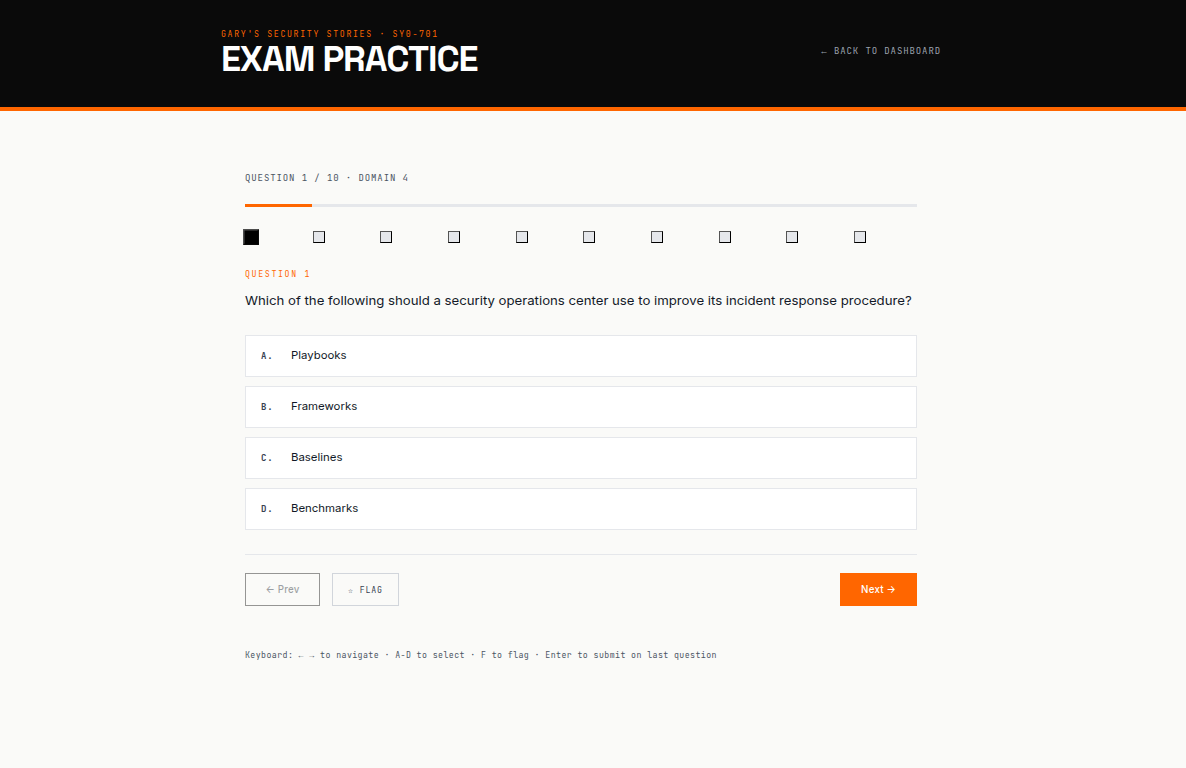 Exam Practice screen showing Question 1 of 10 in Domain 4 asking which tool a security operations center should use to improve incident response procedures, with options Playbooks, Frameworks, Baselines, and Benchmarks